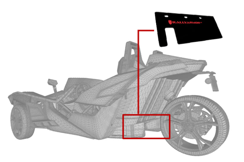 Rally Armor 15-16 Polaris Slingshot Rear Swingarm Black UR Mud Flap w/Red Logo (MOQ 200 PCS)