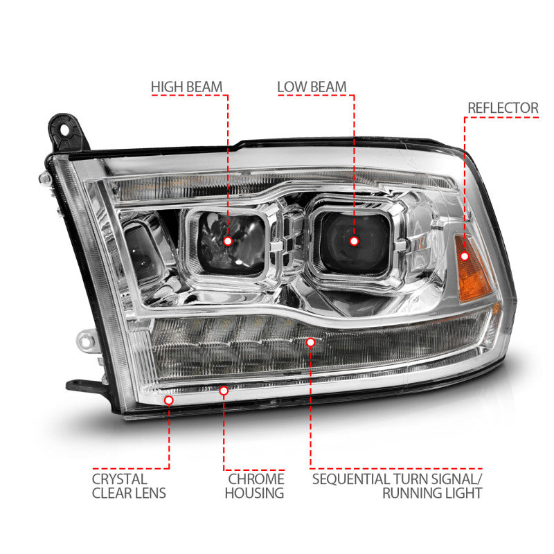 ANZO 09-18 Dodge Ram 1500/2500/3500 Proj HL Headlights Switchback + Sequential - Chrome Amber